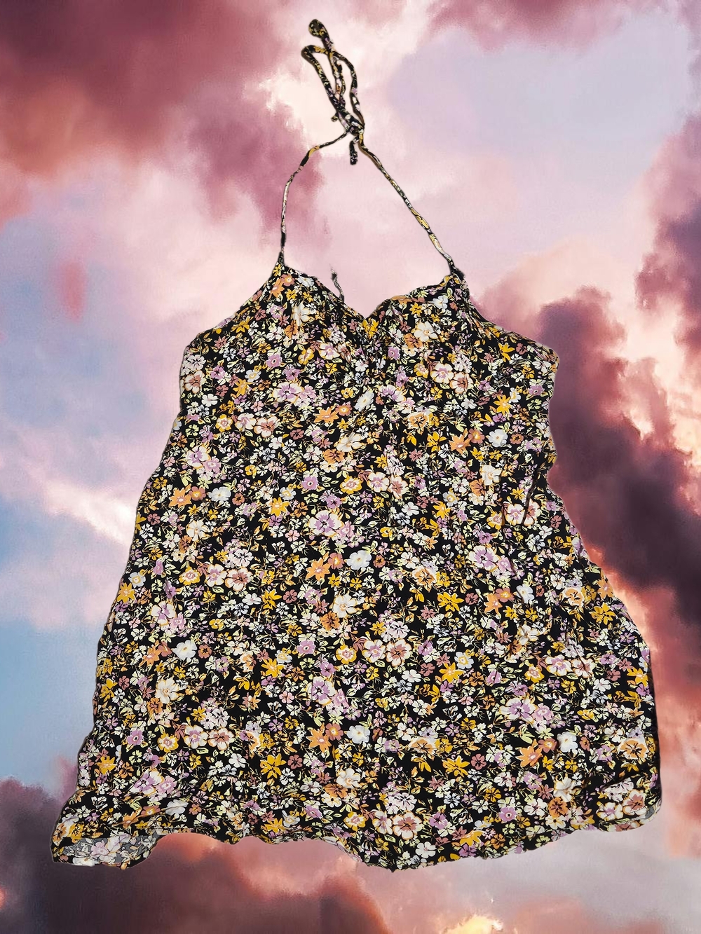 wild fable Black Floral Halter Mini Dress with Pink & Yellow Blooms